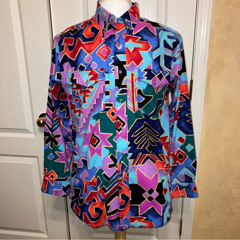 Vintage WRANGLER Western Shirt AZTEC Southwestern COWBOY CUT X-Long Tail 16.5-34